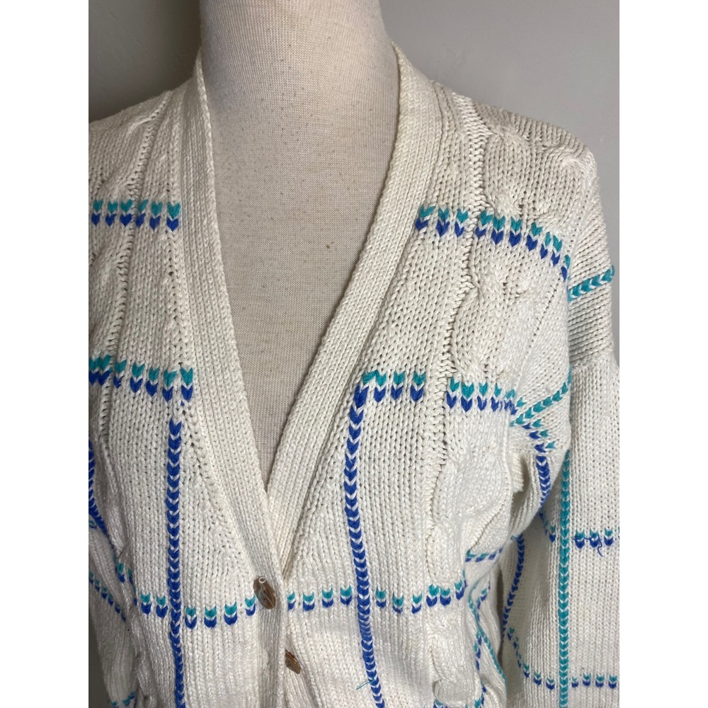Vintage Robert Scott Ltd Cream Cable Knit Cardigan Blue Plaid Cottagecore S